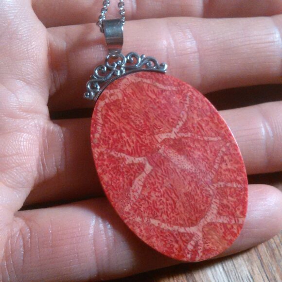 Red Sponge Coral Sterling Silver Pendant Stainless Steel Necklace - Picture 12 of 14